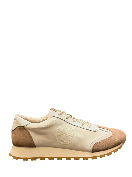 TORY BURCH - IVORY TAUPE SUEDE NYLON ANNIE RUNNER SNEAKERS - Picture 2 of 10